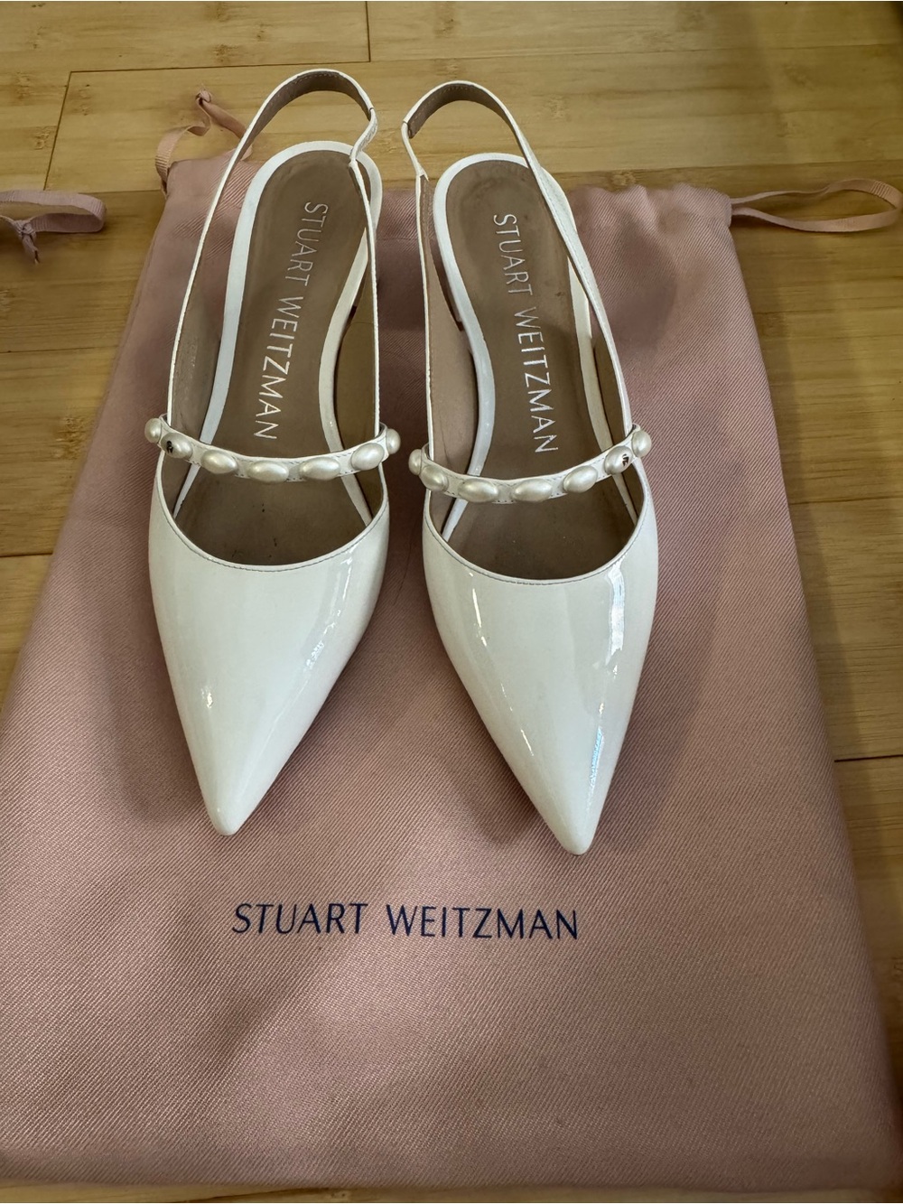 Stuart Weitzman Cream Patent Pearl-Detail Pointed Slingbacks